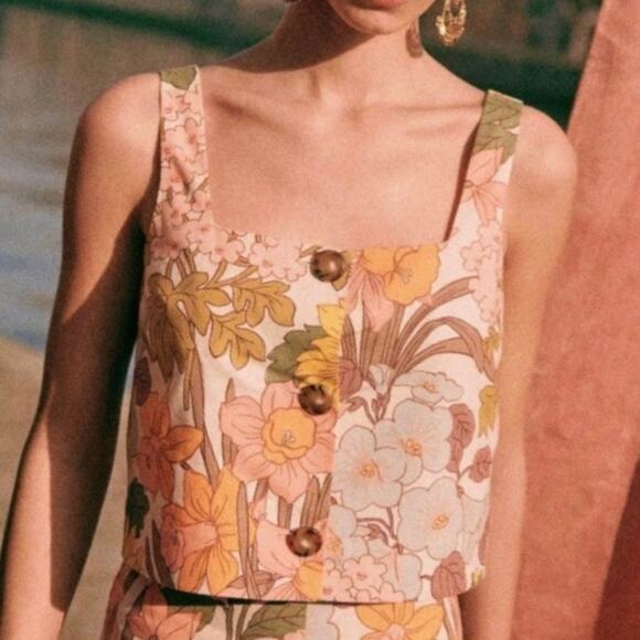 Sezane Thelma Boho 70s Square Neck Sleeveless Linen Crop Top Size 40 - Picture 2 of 11